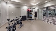 This fitness center is a comprehensively outfitted facility designed to support a wide range of workout styles. The space is organized into distinct zones, beginning with a dedicated functional training and cycling room finished with neutral-toned carpet, recessed lighting, a tray ceiling, and floor-to-ceiling mirrors. This area houses spin bikes, a multi-functional training rack stocked with medicine balls, battle ropes, TRX suspension trainers, and a punching bag, along with a wall-mounted flat-screen television for entertainment during workouts.

A frosted glass door connects this room to the expansive main gym floor, which features a striking herringbone-patterned carpet in deep charcoal and grey tones. This primary area is illuminated by sleek linear pendant lighting and recessed ceiling fixtures, creating a bright, modern atmosphere. Structural columns punctuate the open floor plan, which accommodates an extensive rack of dumbbells, multiple weight benches, cable machines, and a full array of selectorized strength equipment. Along the perimeter, treadmills and elliptical machines face large windows, allowing natural light to fill the space. Floor-to-ceiling mirrors visually expand the room throughout, contributing to the facility's polished, professional ambiance.