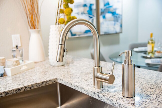 Cocina con encimeras de granito y acabados de acero inoxidable. - The Grove at Five Points