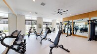 Located at 113 Vermilion Way in Collierville, Tennessee, this generously sized fitness center delivers a comprehensive exercise environment across a single, open floor. The space is defined by its bright, airy aesthetic, with crisp white walls, light-toned flooring, and warm wood accents framing the large wall mirrors that amplify the sense of openness throughout. Oversized ceiling fans are positioned throughout, ensuring airflow and comfort during workouts.

Natural light pours in through multiple large windows with adjustable roller shades, offering views of the surrounding community while maintaining privacy when needed. The cardio zone features a row of treadmills and rowing machines, all equipped with personal display screens, alongside a stationary bike. A dedicated strength training area houses a full rack of dumbbells, multiple adjustable benches, a cable machine, and a multi-functional strength system. Floor-to-ceiling mirrors line sections of the walls, enhancing the spaciousness and allowing users to monitor their form.

A wall-mounted flat-screen television is integrated into a warm wood panel accent wall, adding an entertainment element to the space. Recessed lighting complements the natural light, ensuring the facility remains well-lit at all hours. The layout is thoughtfully organized to provide distinct zones for cardio, free weights, and machine-based training, making this fitness center a well-equipped and visually refined destination for exercise.