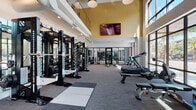 Located at 2600 N Orange Ave in Orlando, FL, this single-level fitness center is designed to provide a comprehensive workout environment with a polished, modern aesthetic. The space is defined by soaring ceilings with exposed ductwork and warm yellow accent walls in the main training area, creating an energetic yet open atmosphere throughout.

The strength training zone is a standout feature, equipped with Octagon multi-functional power racks, a full dumbbell rack with an extensive weight range, weight plates, and dedicated lifting platforms with rubber flooring tiles for heavy lifting. TRX suspension trainers are also integrated into the rack system, offering functional training options. A large wall-mounted flat-screen television overlooks this area.

The cardio section is positioned along a full-height glass window wall, offering views of the surrounding Orlando streetscape and palm tree-lined exterior. Treadmills and rowing machines are positioned to take full advantage of this natural light and outdoor perspective.

A separate, glass-partitioned room provides additional workout space, visible through black-framed doors. The reception and transition area features light hardwood flooring, built-in cabinetry, and a selection of selectorized strength machines. Full-length mirrors throughout enhance the sense of space and support form-checking during exercise.