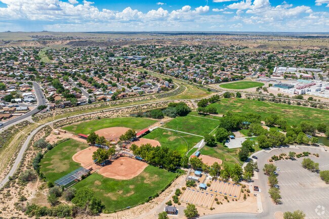 An aerial view of Mariposa Basin Park.