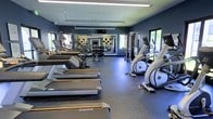 This fitness center offers a comprehensive workout environment designed to accommodate a wide range of exercise needs. The space is finished with deep navy-blue walls that lend a sleek, modern aesthetic, complemented by durable rubber flooring that provides both safety and stability underfoot.

The cardio area is outfitted with a row of Matrix treadmills and elliptical trainers, positioned to take advantage of natural light streaming through large windows. A full-length mirror along one wall visually expands the space and allows users to monitor their form during workouts.

The strength training zone features a multi-functional cable machine at its centerpiece, ideal for a wide variety of resistance exercises. An adjustable weight bench and a set of medicine balls round out the free-weight area, supporting both functional and traditional strength training routines.

Overhead, recessed linear lighting ensures consistent illumination throughout the space. The windows on multiple walls bring in ample natural light and offer views of the surrounding exterior, enhancing the overall atmosphere. Framed artwork adds a subtle decorative touch, balancing the functional nature of the facility with a polished, inviting ambiance.