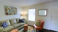 This single-floor space offers a charming and well-appointed living area that balances comfort with personality. The living room serves as the heart of the home, featuring a textured popcorn ceiling and white paneled wainscoting that adds a classic architectural detail to the walls. A large window with white blinds allows natural light to filter in, brightening the room and creating a warm, welcoming ambiance.

The space is thoughtfully arranged with a sage green leather sofa paired with a rich cognac accent chair, both accented with colorful throw pillows that echo the vibrant, floral area rug below. A small gold geometric side table adds a contemporary touch, while a soft table lamp provides warm ambient lighting. Wall art, including a colorful abstract canvas and a nature-inspired framed print, contributes to the eclectic yet cohesive aesthetic.

Dark hardwood-style flooring grounds the room and contrasts beautifully with the light walls and bright furnishings. The overall atmosphere is cozy and lived-in, with a carefully curated mix of textures and colors that make the space feel both stylish and approachable. The single-floor layout ensures easy accessibility and a seamless, open flow throughout.