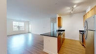 Located at 3821 Greenway Blvd in Roselle, NJ, this two-bedroom, two-bathroom residence offers a thoughtfully designed single-floor layout with a clean, modern aesthetic throughout. The open-concept kitchen and living area serves as the heart of the home, featuring rich warm-toned wood cabinetry, dark granite countertops, stainless steel appliances including a refrigerator, range, microwave, and dishwasher, and a peninsula that doubles as a breakfast bar. Track lighting illuminates the kitchen, while light hardwood-style flooring extends seamlessly through the living area, creating a warm and cohesive atmosphere. The living room is bright and open, benefiting from natural light and providing direct access to an outdoor area through a glass-panel door. The spacious primary bedroom offers a generous footprint with a large window framing views of surrounding greenery. The second bedroom is equally well-appointed with hardwood-style flooring and ample natural light. The bathrooms are finished with white subway tile, including a sleek glass-enclosed walk-in shower. Throughout the home, crisp white walls, clean lines, and consistent flooring contribute to a polished and move-in ready environment.