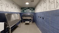 Located at 357 E 500 S in Salt Lake City, Utah, this purpose-built pet grooming room is a compact, well-appointed space designed entirely for the care and bathing of dogs. The room is defined by its practical yet playful aesthetic, featuring floor-to-ceiling blue ceramic subway tile on the lower walls, which transitions to white upper walls adorned with charming hand-drawn dog illustrations depicting a variety of breeds in a whimsical outline style.

The space is equipped with a professional-grade stainless steel dog bathing tub featuring a perforated non-slip platform and an integrated shelf, ideal for efficient and safe pet washing. Adjacent to the tub, a stainless steel grooming table provides additional workspace. A wall-mounted Tornado pet dryer with a flexible hose ensures quick and convenient drying after baths. Black hook fixtures along one wall offer practical storage for leashes and grooming accessories.

The back wall showcases a striking checkerboard pattern of blue and green tiles, adding a decorative focal point to the room. Overhead, flush-mounted ceiling lights provide bright, even illumination throughout. A black-framed glass door with an exterior view allows natural light to filter in while maintaining a clean, professional environment. The durable gray flooring completes the hygienic, easy-to-clean design of this functional grooming suite.