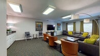 The Media Center is a thoughtfully designed communal space that offers a comfortable and inviting atmosphere for relaxation and entertainment. The room is anchored by a large flat-screen television mounted on a sleek media console, positioned as the focal point for group viewing. Multiple seating arrangements are spread throughout, including rich dark leather sofas and chairs accented with vibrant chartreuse throw pillows, warm cognac leather barrel chairs, and additional guest-style seating near the TV area — providing flexible options for both intimate conversations and larger gatherings. Patterned carpet in muted tones runs throughout the space, complementing the neutral gray walls adorned with decorative framed artwork. A standout feature is the rustic wood-plank accent wall, which adds warmth and texture to one side of the room. Beneath it runs a generous built-in countertop with white cabinetry and a dark granite surface, decorated with tasteful lamps and greenery. Natural light filters in through several windows dressed with olive-toned drape panels and wood blinds, while flush and arc lighting fixtures ensure the space remains well-lit. Crown molding throughout adds a refined finishing touch to this versatile and welcoming room.