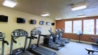 This single-floor fitness center is designed to support a well-rounded cardio workout routine. The space is outfitted with a row of treadmills and multiple elliptical machines, all arranged to face a series of wall-mounted flat-screen televisions — allowing users to stay entertained while exercising. The layout is open and practical, giving users ample room to move between equipment comfortably. Natural light streams in through a large window positioned along the terracotta-accented accent wall, creating an energizing atmosphere and providing views of the surrounding greenery. The remaining walls are finished in a warm neutral tone, contributing to an inviting and focused workout environment. Overhead, flush-mounted lighting panels ensure the space remains well-lit throughout the day. The textured ceiling adds a subtle architectural detail to the room. An HVAC unit is also present along the wall, ensuring climate comfort year-round. The flooring is light-toned and easy to maintain, well-suited for a high-use fitness environment. Overall, this fitness center is thoughtfully arranged to deliver a clean, functional, and comfortable space for cardio-focused exercise.