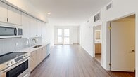 This thoughtfully designed single-floor residence offers a clean, contemporary aesthetic throughout. The open-concept living and dining area is anchored by rich hardwood-style flooring and crisp white walls, creating a bright and airy atmosphere. A set of glass doors floods the main living space with natural light and provides access to the outdoors, enhancing the sense of openness.

The kitchen is well-appointed with a cohesive blend of light wood and white cabinetry, a subtle tile backsplash, and a full suite of stainless steel appliances including a refrigerator, electric range, over-the-range microwave, and dishwasher. White quartz-style countertops complete the modern look.

The bedroom features carpet flooring, generous wall space, and a large window that frames a striking urban view with palm trees and a nearby park — a standout feature of the unit. Additional rooms include a versatile secondary space finished with hardwood-style flooring and neutral walls, ideal for use as a home office or den.

The bathroom is finished with large-format neutral tiles in the shower/tub surround, offering a clean and functional design. A vanity with warm wood cabinetry and an illuminated mirror adds a refined touch. The unit also includes convenient in-unit closet storage. Overall, the space delivers a modern, move-in-ready living experience with quality finishes throughout.
