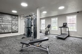 Located at 600 Pioneer Rd in Rexburg, Idaho, this fitness center offers a compact yet comprehensive workout facility designed to support a wide range of exercise routines. The single-room space is finished with durable patterned carpet flooring and neutral-toned walls, creating a clean and functional environment. Recessed circular ceiling lights provide consistent, even illumination throughout the room, while multiple double-hung windows along the exterior wall allow natural light to fill the space and offer views of the surrounding property. A large wall-mounted mirror spans a significant portion of one wall, enhancing the sense of openness and allowing users to monitor their form during workouts. The facility is equipped with a variety of cardio machines, including treadmills, a stationary bike, and a rowing machine. A multi-function cable machine anchors the strength training area, complemented by a tiered dumbbell rack stocked with a full range of free weights and an adjustable workout bench. A motivational typographic mural adds a dynamic visual element to one wall. The space is well-suited for both cardiovascular and strength training workouts, making it a versatile amenity for residents of the community.