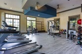 Located at 1193 Collier Rd NW in Atlanta, Georgia, this fitness center is a thoughtfully designed, single-floor facility offering a comprehensive workout environment. The space is characterized by its open, airy layout, enhanced by light gray wood-style flooring and a distinctive blue-accented ceiling that adds a modern, energetic touch to the otherwise neutral color palette of cream and warm beige walls.

Large, grid-pane windows line the perimeter, flooding the interior with abundant natural light and providing views of the surrounding greenery, creating an inviting atmosphere for exercise. Full-length mirrors are strategically positioned to amplify the sense of space and support proper form during workouts.

The cardio section is well-appointed with multiple treadmills and stationary bikes equipped with digital displays. A dedicated strength training area features a multi-function cable machine, an adjustable weight bench, and a pull-up/dip station. The free weights section includes a tiered dumbbell rack with a full range of weights, a kettlebell rack with color-coded sets, and medicine balls for functional training. Mounted televisions are positioned throughout for entertainment. The overall ambiance is bright, clean, and motivating, reflecting a facility designed to support a full range of fitness activities.