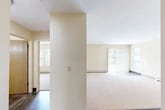 Located at 808 Tamarack Dr in West Carthage, NY, this single-floor, two-bedroom, one-bathroom home offers a practical and comfortable layout. The interior is finished with warm cream-toned walls throughout, creating a cohesive and neutral palette.

The living room is generously sized, featuring soft carpeting, baseboard heating, and a sliding glass door with vertical blinds that fills the space with natural light and provides outdoor views. The kitchen is equipped with wood-toned cabinetry, a dishwasher, refrigerator, and range, and features durable wood-look vinyl flooring that extends into the adjacent entryway and hallway areas.

The primary bedroom offers comfortable proportions and includes a double closet with sliding wood-panel doors, providing ample storage. The second bedroom features two windows with outdoor views, carpeted flooring, a textured ceiling, and baseboard heating. The full bathroom is outfitted with a single-sink oak vanity, a mirrored medicine cabinet with overhead lighting, and a full tub-shower combination.

A dedicated laundry area and an impressive six closets throughout the home ensure excellent storage capacity. The attached garage features a standard roll-up door and concrete flooring, offering secure parking or additional storage space.
