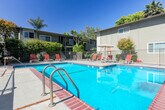 Located at 1209–1235 Ayala Dr in Sunnyvale, California, this outdoor pool area serves as a central communal amenity within a residential complex. The space is anchored by a generously sized rectangular swimming pool with vivid turquoise water, framed by classic brick-edged coping that adds a timeless aesthetic detail. The surrounding pool deck is finished in concrete and provides ample room for lounging, furnished with multiple red sling-style chaise lounges and a shaded patio table with an umbrella, creating a comfortable outdoor retreat. A wrought iron perimeter fence encloses the entire area, ensuring privacy and security for residents. Mature palm trees and lush greenery, including flowering shrubs, add a distinctly California character to the setting and provide natural shade along the edges of the deck. The multi-building complex surrounds the pool on multiple sides, with exterior staircases and balconies visible from within the pool area, contributing to an intimate courtyard atmosphere. The space benefits from abundant natural sunlight under clear, open skies, making it well-suited for outdoor recreation and relaxation. Overall, the pool area presents a well-maintained, resort-inspired environment reflective of the sunny Silicon Valley climate.