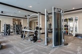 Located at 44 Academy St in the heart of Alpharetta, GA, this modern fitness center is a comprehensive, single-floor facility designed to support a full range of workout routines. The space is thoughtfully divided into distinct functional zones, each outfitted to meet varied fitness needs.

The cardio area features a row of Matrix treadmills and elliptical machines positioned alongside floor-to-ceiling windows, offering views of the surrounding outdoor amenity areas and filling the space with generous natural light. Adjacent to this is a dedicated strength training zone equipped with a variety of cable machines, weight benches, and a full dumbbell rack, complemented by large wall mirrors and mounted flat-screen televisions for an engaging workout environment.

A spacious open studio area features smooth hardwood-style flooring, recessed lighting, a ceiling fan, and expansive glass doors that open to an outdoor terrace — ideal for group fitness classes, yoga, or stretching. The studio benefits from excellent natural light and a clean, airy ambiance.

Throughout the facility, tray ceilings with dark trim accents lend a polished, upscale aesthetic, while the combination of plush carpet in equipment zones and wood-style flooring in the studio ensures comfort and functionality. The overall design balances a sleek, contemporary look with a welcoming and motivating atmosphere.