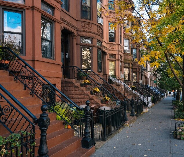 Brownstones lining the street in Park Slope
