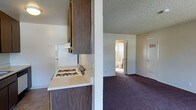 This single-floor space offers a practical and straightforward layout designed for comfortable everyday living. The interior is characterized by a textured popcorn ceiling that runs consistently throughout, lending a cohesive feel to the space.

The kitchen is partially open to the living area, separated by a half-wall partition that creates a sense of definition while maintaining an open flow between the two spaces. It features dark wood cabinetry for ample storage, light-colored countertops, and a gas range with a white finish. The kitchen floor is finished with tile, providing a durable and easy-to-clean surface.

The adjoining living area is carpeted in a deep plum-toned carpet, adding warmth and texture underfoot. The neutral, light-toned walls keep the space feeling bright and airy, and multiple electrical outlets are conveniently positioned throughout.

A hallway visible from the kitchen leads to the bathroom, which appears to include standard fixtures and benefits from a window that brings in natural light. An entry door is also visible from this vantage point, offering a clear and accessible path through the space.

Overall, the layout is efficient and functional, making good use of the available space with clear transitions between the kitchen, living, and bathroom areas.