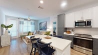 Located at 1124 Shoreview Cir in Casselberry, Florida, this single-story residence offers a thoughtfully designed open-concept layout with modern finishes and a cohesive coastal-inspired color palette throughout. The kitchen is a standout feature, showcasing two-tone cabinetry with white upper cabinets and slate gray lower cabinets, crisp white quartz countertops, a subway tile backsplash, and a full suite of stainless steel appliances including a range, microwave, dishwasher, and refrigerator. A large island with bar seating flows seamlessly into the dining and living areas, making the space ideal for entertaining. The living room is bright and welcoming, featuring light wood-look flooring, a ceiling fan, and large windows that invite natural light. The bedrooms carry the same soft blue-gray tones and are well-appointed with ample natural light, ceiling fans, and generous floor space. The primary bathroom features a walk-in glass-enclosed shower and a dark-cabineted vanity, while a secondary bathroom includes a full tub-shower combination with clean white tile. Light wood-look flooring runs consistently through the main living areas, tying the space together with warmth and modern appeal.