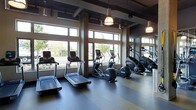 This contemporary fitness center offers a well-appointed workout environment designed to support an active lifestyle. The space is anchored by a row of commercial-grade cardio machines — including treadmills, ellipticals, and stair climbers — positioned along a generous bank of large windows that frame views of the surrounding outdoor landscape, flooding the floor with natural light. The industrial-style exposed ceiling features structural beams and ductwork alongside warm pendant lighting, creating a balance between raw architectural character and functional comfort. Full-length mirrors line one wall, enhancing the sense of openness and allowing members to monitor their form. The flooring features a durable, striped surface designed for high-traffic athletic use. The overall ambiance is energetic yet inviting, combining a clean, modern aesthetic with practical design elements that make the space both visually appealing and highly functional for daily fitness routines.