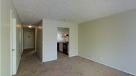 This two-floor residential space presents a practical and functional layout designed for comfortable everyday living. The main living area is finished with neutral-toned carpet and smooth, light-colored walls that create a clean, understated aesthetic. A textured ceiling adds subtle visual interest throughout the space.

Visible from the living area, the kitchen is accessed through an open doorway, offering a glimpse into a compact yet well-equipped cooking space. The kitchen features dark appliances, including a black range and dishwasher, paired with light-colored cabinetry that extends to the upper walls. A window above the sink allows natural light to filter into the kitchen, brightening the area. An under-cabinet range hood adds functional ventilation to the cooking space.

A hallway extending from the main living area provides access to additional rooms across the floor, with further living spaces distributed across the two levels. The overall ambiance of the space is neutral and move-in ready, with a simple, no-frills design that offers a versatile foundation for personalization. The consistent use of light wall tones and carpeted flooring throughout contributes to a cohesive and calm interior atmosphere.