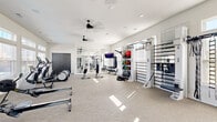 Located at 150 Mill Creek Pkwy in LaGrange, GA, this fitness center offers a generously sized, single-floor exercise room designed to accommodate a comprehensive range of workout routines. The space features a clean, modern aesthetic with crisp white walls, neutral-toned carpet flooring, and recessed lighting complemented by dual ceiling fans that promote airflow throughout the room.

Natural light pours in through a large bank of windows along one wall, fitted with white horizontal blinds and offering views of the surrounding community and pool area. Cardio equipment includes multiple treadmills, elliptical machines, and rowing machines, all positioned to take advantage of the natural light and outdoor views.

The strength and functional training area is equally well-appointed, featuring a wall-mounted rig with pull-up bars, a medicine ball storage rack stocked with various weighted balls, a dumbbell rack, a weight bench, and a cable machine. Full-length mirrors line one section of the wall, visually expanding the space and supporting proper form during workouts. Wall-mounted flat-screen televisions provide entertainment throughout.

Dual dark-framed French doors serve as the main entry, and decorative wall art adds a touch of personality to the otherwise athletic environment. The overall ambiance is bright, open, and functional, making this fitness center a well-rounded facility for residents.