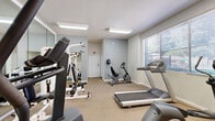 The River Terrace Fitness Center at 2593 Millcreek Dr in Sacramento, California, is a dedicated exercise facility designed to support a well-rounded workout routine. The single-room fitness center is thoughtfully laid out to maximize usable floor space while accommodating a variety of equipment.

The cardio area features multiple treadmills, an elliptical cross-trainer, and a stationary bike, each positioned to take advantage of the natural light streaming in through large windows fitted with horizontal blinds. The windows offer views of the surrounding greenery, creating an inviting atmosphere for exercise.

On the opposite side of the room, a multi-station cable weight machine serves as the strength training centerpiece, complemented by an adjustable workout bench. Floor-to-ceiling mirrors line one wall, visually expanding the space and allowing users to monitor their form during workouts. A flat exercise mat and additional free weights round out the strength training options.

The room is finished with neutral-toned carpet, white walls, and a textured ceiling with flush-mounted fluorescent lighting that ensures even illumination throughout. A wall-mounted split-system air conditioner maintains a comfortable temperature year-round. Fitness center rules are posted on the wall, and the space is accessible through both a standard and a French-style door.