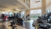 This fitness center is designed to deliver a premium workout experience within a bright, open, and modern environment. The space is defined by its dramatic double-height ceilings, which lend an airy, expansive feel throughout. Floor-to-ceiling windows line multiple walls, flooding the interior with abundant natural light and offering views of the surrounding greenery and outdoor areas, including what appears to be a pool deck. Ceiling fans are strategically placed at both the upper and lower levels to ensure comfortable air circulation throughout the space.

The facility is comprehensively outfitted with a wide selection of cardio equipment, including treadmills, elliptical trainers, stair climbers, and stationary bikes. A dedicated strength training zone features a multi-station cable machine, a dumbbell rack, and adjustable weight benches. A large wall-mounted flat-screen television is positioned for easy viewing during workouts, accompanied by built-in shelving for storage and accessories. Accent artwork and decorative panels add a polished, contemporary aesthetic to the space.

The flooring transitions between durable rubber sport surfaces and smooth hard flooring, defining distinct workout zones. Full-length mirrors along one wall enhance the sense of depth while allowing users to monitor their form. The overall ambiance is clean, well-lit, and professionally appointed, making it a functional and inviting space for a full range of fitness activities.