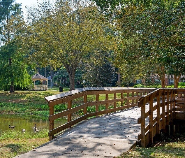 The footbridge and gazebo at Waverly Pond