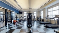 The fitness center at Summerfield Lofts is a thoughtfully designed workout facility that provides residents with a comprehensive exercise experience. The space features a striking black-and-white checkered floor that lends a bold, clean aesthetic to the room, while cream-colored walls and large windows along multiple sides allow natural light to fill the interior, creating an open and energizing atmosphere. A ceiling fan overhead, combined with linear LED lighting, ensures the space remains comfortable and well-lit during any workout. The facility is equipped with multiple treadmills for cardio training, a multi-station cable and weight machine as the centerpiece for strength training, and additional resistance equipment positioned throughout the room. A dedicated stretching and free-weight area is visible along one wall, complete with medicine balls and other functional fitness tools. A wall-mounted flat-screen television adds to the convenience of the space, making longer cardio sessions more engaging. Full-length mirrors on one wall enhance the sense of space while allowing users to monitor their form. The layout is organized and spacious, allowing for comfortable movement between stations. Overall, the fitness center at Summerfield Lofts delivers a well-rounded, amenity-rich environment suited to a variety of fitness routines and experience levels.