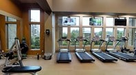This fitness center is designed to provide an energizing and comfortable workout environment. The space is anchored by a row of treadmills positioned in front of a bank of large, multi-pane windows that flood the room with natural light and offer pleasant views of the surrounding greenery and outdoor areas. Ceiling-mounted flat-screen televisions are strategically placed above the windows, allowing users to stay entertained during their workouts. The soaring ceiling height contributes to an open, airy atmosphere that prevents the space from feeling confined. Walls are finished in warm, neutral tones that complement the light wood window framing, creating a welcoming aesthetic. Additional cardio equipment is visible along the perimeter, maximizing the use of the floor space. The flooring is light-toned and easy to maintain, suitable for a high-traffic fitness environment. Overall, this fitness center balances functionality with a thoughtfully designed interior, making it a practical and inviting space for daily exercise.