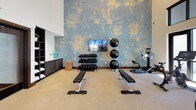 This fitness center is designed to offer a complete and motivating workout environment, combining thoughtful aesthetics with practical functionality. The space is defined by soaring ceilings that create an open, airy atmosphere, complemented by an expansive wall of floor-to-ceiling windows topped with arched transoms. These windows flood the room with natural light and provide views of the surrounding exterior, enhancing the sense of space and energy throughout the facility.

A striking decorative accent wall clad in a blue and gold geometric patterned wallcovering serves as a bold focal point, adding a sophisticated and stylish touch to the interior. A wall-mounted flat-screen television is positioned against this feature wall, providing entertainment during workouts.

The cardio zone is well-equipped with multiple treadmills and elliptical machines, all positioned to take advantage of the natural light and outdoor views. The strength training area features a full rack of dumbbells, weight benches, medicine balls, and a rowing machine, offering versatile options for a variety of training routines. Built-in shelving and cabinetry provide additional storage and organization. The room also includes a yoga mat area and direct access through a glass-panel door, making the space both functional and easy to navigate.