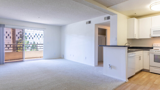 Kitchen and Carpeted Living Room with Balcony - Park West