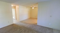 This single-floor space presents a clean, functional layout designed for comfortable everyday living. The main living area is finished with wall-to-wall carpeting in a neutral tone, contributing to a warm and understated atmosphere throughout. Smooth, light-colored walls provide a bright, open feel, while a ceiling fan with a built-in light fixture serves as a practical central fixture that aids in air circulation and ambient lighting. The open layout connects seamlessly between areas, with a subtle step-down transition that visually defines separate zones within the shared space. A doorway visible toward the far end hints at additional rooms or access points, suggesting a practical flow through the floor plan. Natural light filters in from what appears to be a window near an adjacent room, adding brightness to the interior. The textured ceiling adds a modest architectural detail consistent throughout the space. Overall, the space offers a straightforward, move-in ready environment with a neutral palette that lends itself well to a variety of interior styling preferences. Its simple design and open configuration make it a versatile and approachable living space.