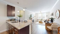Located in Orlando, FL, this well-appointed 2-bedroom, 2-bathroom single-floor home offers a thoughtfully designed open-concept layout. The kitchen is a standout feature, boasting rich dark cabinetry, granite countertops, stainless steel appliances, and a large island with pendant lighting — flowing seamlessly into the dining and living areas. The living room is warm and inviting, highlighted by a fireplace, crown molding, hardwood-style flooring, and ample natural light from large windows. Both bedrooms are comfortably sized, featuring plush carpet flooring, generous closet space — including walk-in closets — and windows that let in natural light, with views of the surrounding greenery. The bathrooms are elegantly finished with granite vanity countertops, dark wood cabinetry, and marble-tiled tub-shower combinations. Additional highlights include a dedicated laundry room with full-size washer and dryer, a den for flexible use, a utility room, and a hallway connecting the spaces efficiently. The overall ambiance is clean, modern, and move-in ready, making this Orlando residence a functional and stylish place to call home.