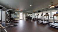 This fitness center offers a comprehensive workout environment designed to accommodate a wide range of exercise needs. The space is finished with muted sage-green walls, white crown molding, and dark rubber flooring, creating a clean and functional aesthetic throughout.

The cardio zone lines one side of the room, featuring multiple treadmills, elliptical machines, and upright stationary bikes, each equipped with individual monitors. Large windows along this wall flood the area with natural light while providing views of the surrounding exterior. Wall-mounted flat-screen televisions are positioned for visibility across the room.

The strength training area includes a multi-station cable machine, a tiered dumbbell rack with a full range of free weights, adjustable benches, and wall-mounted medicine balls. A dedicated section houses selectorized machines for targeted muscle training.

Full-length mirrors line an entire wall, visually expanding the space and aiding in proper form during exercise. Decorative pendant lights with warm-toned shades and ceiling fans complement the recessed lighting overhead. A glass-paneled door provides a secondary access point, reinforcing the bright, open character of the facility.