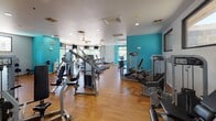 This single-floor fitness center is designed to support a comprehensive workout experience, combining a vibrant aesthetic with a practical, well-organized layout. The space is immediately distinguished by its bold teal accent walls, which contrast with neutral gray and white surfaces, creating an energetic and motivating atmosphere throughout.

The main workout floor is generously sized, featuring warm hardwood-style flooring that extends across the entire space. Large windows line the perimeter, allowing abundant natural light to pour in while offering views of outdoor palm tree-lined surroundings. Ceiling fans provide additional airflow and comfort during workouts.

The cardio section is well-stocked with a row of TRUE brand treadmills, elliptical machines, stationary bikes, and a rowing machine, all positioned to take advantage of the natural light and outdoor views. Multiple flat-screen televisions are mounted throughout the space for entertainment during cardio sessions.

The strength training area offers a variety of cable and resistance machines arranged to allow easy flow between equipment. A dedicated free weights alcove features a full rack of dumbbells alongside a workout bench and wall mirrors, providing an ideal space for targeted strength training. Additional mirrors are strategically placed to maximize the sense of space and allow users to monitor their form. The fitness center is well-ventilated with recessed lighting and ceiling-mounted HVAC units ensuring a comfortable environment year-round.