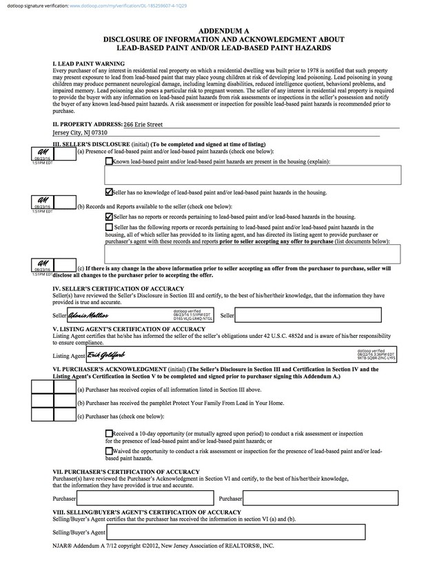 Lead Based Paint Disclosure - 266 Erie St