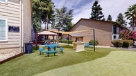 Located at 5341 Walnut Ave in Sacramento, CA, this well-appointed outdoor community space offers a variety of amenities designed for relaxation, recreation, and socializing. The grounds are covered in lush artificial turf, providing a clean, low-maintenance surface throughout the area.

A standout feature is the putting green, which winds through the space and offers a fun recreational outlet. Nearby, a dedicated BBQ station with a built-in grill serves as a central hub for outdoor gatherings, complemented by multiple blue picnic tables with attached seating conveniently positioned across the lawn.

A large shade sail canopy stretches over a portion of the grounds, providing welcome relief from the Sacramento sun and creating a comfortable outdoor lounge setting. A separate wooden gazebo with a pitched roof offers additional covered seating on a concrete pad, ideal for more sheltered gatherings.

The space also includes a dome-style climbing structure, adding a playful element for younger residents. Mature trees frame the perimeter, offering natural shade and a sense of privacy. The surrounding residential buildings, finished in warm tan siding, complete the enclosed and community-focused atmosphere of this versatile outdoor amenity area.