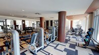 This expansive fitness center in Dallas is designed to deliver a premium workout experience within a thoughtfully appointed, modern environment. The space is anchored by striking textured cylindrical columns finished in a rich reddish-brown tone, which complement the bold geometric-patterned carpet that flows throughout the facility. Recessed lighting and an open ceiling contribute to a clean, polished aesthetic.

The cardio zone is positioned along a full wall of floor-to-ceiling windows, bathing the area in natural light and offering open outdoor views of landscaped grounds — an inviting backdrop for treadmills, ellipticals, stationary bikes, and rowing machines. A flat-screen television is mounted on a deep red accent wall, adding a touch of color and entertainment to the space.

The strength training area is equally well-appointed, featuring a comprehensive selection of Technogym resistance machines, a multi-cable functional trainer, tiered dumbbell racks, and kettlebells — catering to users of all fitness levels. The combination of zones creates a well-organized, intuitive layout that supports both dedicated athletes and casual exercisers. The overall ambiance is bright, clean, and energizing, making this fitness center a standout amenity.