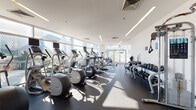 Located at 305 N 12th Street in Philadelphia, this fitness center offers a bright, contemporary workout environment designed to support a full range of exercise needs. The space is characterized by its clean, white interior and floor-to-ceiling glass walls that flood the facility with abundant natural light while providing open views of the surrounding Philadelphia skyline. The dark rubberized flooring contrasts sharply with the white walls and ceilings, where recessed linear lighting reinforces the modern aesthetic.

The cardio section is generously equipped with a row of treadmills, elliptical trainers, and stationary bikes, all positioned to take advantage of the panoramic windows. A dedicated strength training area features a variety of Precor selectorized machines, including leg press, cable, and row machines, providing comprehensive muscle-group coverage. Free weights are also available, with a well-organized dumbbell rack lining one wall. A separate stretching and functional training zone offers open floor space, resistance bands, and a pull-up station.

A standout feature is a large, colorful mural near the elevator lobby, depicting a bold cityscape with the motivational phrase "Be Your Best," adding an energetic and artistic focal point to the space. Glass doors lead to an adjacent outdoor terrace, further enhancing the airy, open atmosphere of this well-appointed facility.