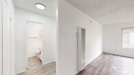 Located in the Koreatown neighborhood of Los Angeles, Unit 314 at 238 S Serrano Ave offers a thoughtfully arranged single-floor layout with a clean, minimalist aesthetic throughout. The main living area is open and airy, featuring rich wood-style hardwood flooring, crisp white walls, and a textured ceiling that adds subtle character to the space. Large windows allow natural light to pour in, creating a bright and welcoming atmosphere while offering views of the surrounding urban neighborhood.

The kitchen is efficiently designed with white cabinetry equipped with black hardware, a gas range, a refrigerator, a sink with a sleek black faucet, and granite-style countertops — all finished in a cohesive, contemporary palette. A built-in open shelving unit serves as a functional divider between the kitchen and living areas, providing both storage and a subtle architectural detail.

A double-door closet offers generous storage within the living space, while a wall-mounted heating and ventilation unit ensures year-round comfort. The bathroom features a full bathtub and shower combination finished in clean white, with modern black hardware accents that complement the overall design. The unit's straightforward, open floor plan provides flexibility for a variety of furniture arrangements and living configurations.