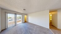 Located at 1307 Darlene Way in Boulder City, Nevada, this two-bedroom, one-bathroom residence offers a practical and well-organized single-floor layout. The living area features plush carpeting, a textured ceiling, and sliding glass doors that open onto a private balcony, allowing natural light to fill the space and providing outdoor views of surrounding greenery. A ceiling fan adds to the comfort of the living space.

The kitchen is efficiently designed with an open peninsula countertop that connects it to the living area, gray cabinetry extending to the ceiling for ample storage, a double-basin sink, and white appliances including a refrigerator and electric range. Light wood-style flooring runs throughout the kitchen, creating a clean, bright feel.

Both bedrooms are carpeted and feature textured ceilings and windows that bring in natural light. The primary bedroom includes a mirrored sliding-door closet with built-in rod storage, offering generous organization space. The second bedroom is similarly well-proportioned with its own window and closet access.

The bathroom is clean and functional, featuring a single-sink vanity with a light countertop, gray cabinetry, a tub-shower combination, and wood-style flooring. The overall aesthetic throughout the residence is neutral and move-in ready, with white walls and consistent finishes across every room.