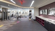 Located at 44 Maryland Ave in Rockville, Maryland, this well-appointed fitness center offers a comprehensive single-floor layout designed to accommodate a wide range of workout routines. The space is organized into distinct functional zones, allowing for a smooth and efficient exercise experience.

The cardio area is lined with a row of treadmills and other aerobic machines positioned along a windowed wall, providing natural light and outdoor views that enhance the workout environment. Linear LED lighting runs across the ceiling throughout, ensuring bright, even illumination across the entire floor.

The strength and free weights section features a full rack of dumbbells, a weight bench, a squat rack with a barbell, and a BOSU balance trainer, complemented by large floor-to-ceiling mirrors that allow users to monitor their form. Accent walls in deep burgundy and warm gold tones add a bold visual contrast to the neutral carpet tiles, which feature colorful pink and yellow marker zones.

A dedicated functional training area hosts stability balls on tiered stands, medicine balls, and open floor space ideal for dynamic exercises. Built-in shelving in a striking magenta finish provides organized storage for smaller equipment and accessories.

The entrance corridor features a sleek white bench and textured accent panels, offering a welcoming transition into the facility. Overall, the space presents a modern, energetic atmosphere designed to support diverse fitness goals.