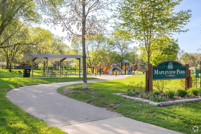 Mapleveiw Park in Roseville offers 3.3 acres of park area including a playground, community building, ball field, sliding hill, and a skating rink.
