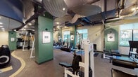 Located at 14 Park Place in Hartford, CT, this fitness center offers a comprehensive workout facility spread across a single floor. The space features a distinctly industrial-modern aesthetic, with exposed ductwork and piping running along the dark ceiling, corrugated metal wall panels, and green-painted structural columns that add a bold pop of color throughout the interior. Track lighting illuminates the facility, complementing natural light that filters in through several windows overlooking outdoor greenery.

The cardio section is well-appointed with multiple Life Fitness treadmills equipped with personal screens, upright and recumbent stationary bikes, and elliptical machines, all arranged in rows for efficient use of space. Mounted flat-screen televisions are positioned throughout for entertainment during workouts. The strength training area features a robust selection of Maximus cable machines, selectorized weight machines, free weights, and benches, providing options for a full-body workout.

Framed artwork displayed on the walls adds a refined touch to the otherwise utilitarian setting. Rubber flooring and carpet tile provide durable, functional surfaces throughout. A separate room visible through glass doors suggests additional space for specialized training. The overall ambiance is energetic and purposeful, balancing industrial design elements with a well-organized, functional layout.