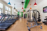 This fitness center in Columbus, Georgia, is a single-floor facility designed to provide a bright, welcoming environment for exercise. The space is defined by its soaring ceilings and expansive windows that line multiple walls, flooding the interior with natural light and offering open views of the surrounding outdoor greenery. The white shiplap walls and light hardwood flooring contribute to a clean, airy aesthetic throughout.

A distinctive design element is the exposed green HVAC ductwork running along the ceiling, complemented by an eclectic array of colorful pendant lights in red, orange, teal, and black, suspended at varying heights to create a vibrant, energetic atmosphere. Ceiling fans are also present to support ventilation and comfort.

The cardio zone features a full row of treadmills, elliptical machines, stair climbers, and rowing equipment, all positioned to take advantage of the natural light and outdoor views. The strength-training area includes a multi-station cable machine, a power rack with weight storage, benches, and various free weights. Stability balls and additional accessories are neatly stored along the walls. Large French doors at one end open toward what appears to be an outdoor pool area, further enhancing the connection between the interior and exterior environment.