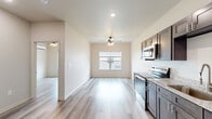 Located at 3305 Flynn Rd in Dothan, Alabama, this 2-bedroom, 1-bathroom residence offers a clean, modern design across a single floor. Light-toned, wood-style flooring flows consistently throughout the space, creating a cohesive and bright aesthetic.

The kitchen is well-appointed with dark shaker-style cabinetry, granite-look countertops, and a full suite of stainless steel appliances including an electric range, microwave, dishwasher, and refrigerator. The open layout connects the kitchen directly to the living area, which features a ceiling fan with light fixture and a window allowing natural light to fill the room.

The primary bedroom is a comfortable size and includes a ceiling fan, a wall-mounted mini-split HVAC unit for individual climate control, and a large window with views of the surrounding greenery. The second bedroom also benefits from natural light through its window and includes a ceiling fan. A dedicated closet provides additional storage.

The bathroom is clean and functional, featuring a full tub-shower combination, a dark-cabineted vanity with granite-look countertops, and wood-style tile flooring. A hallway connects the bedrooms and bathroom, maintaining a straightforward and efficient floor plan throughout this well-finished residence.