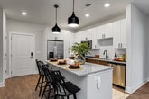 This thoughtfully designed 2-bedroom, 2-bathroom residence offers a functional and stylish single-floor layout. The open-concept kitchen and living area serves as the heart of the home, anchored by a large granite-topped island with bar seating and striking matte black pendant lighting overhead. The kitchen features a two-tone design with crisp white upper cabinetry, warm wood-toned lower cabinets, a white subway tile backsplash, stainless steel appliances including a French door refrigerator, and a black undermount sink. Wood-look flooring flows throughout the main living areas. The living room is bright and welcoming, benefiting from large windows and a sliding glass door that admits generous natural light, complemented by a ceiling fan. The primary bedroom is a comfortable retreat with its own dedicated closet featuring built-in wire shelving, and is paired with a well-finished en-suite bathroom showcasing granite countertops, white cabinetry, a walk-in glass shower with white tile surround, and matte black fixtures. The second bedroom is carpeted and conveniently adjacent to the second full bathroom, which includes a tub-shower combination with white tile, granite vanity, and matching black hardware throughout. Two closets provide ample storage across the residence.