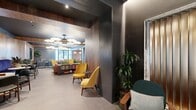 Located on the 24th floor of 95 Wall Street in Lower Manhattan, this 2,500-square-foot resident lounge delivers a sophisticated, design-forward amenity experience across several distinct zones. The main lounge area features warm walnut wood-paneled walls and ceilings, a dark coffered ceiling with sculptural globe pendant lighting, and an eclectic mix of seating including a tan leather sofa, mustard velvet accent chairs, teal upholstered sofas, and cylindrical marble side tables. A built-in banquette with deep cobalt blue velvet upholstery provides intimate dining seating alongside bistro tables. A dedicated lounge nook showcases floor-to-ceiling crimson fluted walls, plush red carpeting, marble window sills, and yellow velvet chairs — creating a dramatic, intimate retreat with city views. The dining area offers a large marble-topped communal table surrounded by curved upholstered chairs, complemented by a teal cabinetry kitchenette with a geometric tile backsplash and marble countertops, and floor-to-ceiling windows overlooking an outdoor terrace. A polished corridor with large-format stone flooring and a textured mosaic accent wall connects the spaces, while transition areas offer additional casual seating with views of the Manhattan skyline.