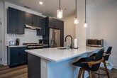 Located at 625 Cumberland Ave in Knoxville, Tennessee, this single-floor residence offers a thoughtfully designed open-concept layout that seamlessly connects the kitchen and living areas. The kitchen is a standout feature, showcasing slate-blue shaker-style cabinetry, a white subway tile backsplash, stainless steel appliances, and a large center island with light quartz countertops. Pendant lights with glass fixtures hang above the island, adding a refined touch to the space. Light hardwood flooring runs throughout, lending warmth and continuity to every room. The open living area is filled with natural light from expansive windows dressed with horizontal blinds, offering views of the surrounding neighborhood. The bedroom is generously sized, featuring a ceiling fan, ample closet space with double doors, and multiple windows that provide excellent natural light and ventilation. The bathroom is notably spacious and accessibility-friendly, with an open vanity design, light quartz countertop, and wide-open floor space. Clean white walls and a drop ceiling complete the bathroom's functional aesthetic. Overall, this residence combines modern finishes with a practical, well-organized floor plan suited for comfortable everyday living in the heart of Knoxville.