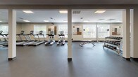 This fitness center offers a comprehensive workout environment within a single-level, open-plan layout. The space is designed to accommodate a wide range of exercise activities, with distinct zones dedicated to different training disciplines. The flooring throughout is dark rubber, providing durability and traction suited to high-activity use.

Along one side of the room, a row of cardio machines—including treadmills and elliptical trainers—is positioned in front of large windows fitted with blinds, allowing natural light to filter in while offering views of outdoor greenery. Decorative wall art adds a touch of visual interest to this area.

The free weights section features multi-tiered dumbbell racks with a full range of weights, positioned in front of floor-to-ceiling mirrors that visually expand the space and aid in form-checking during exercise. Adjacent to this zone, a cable machine and additional strength training equipment provide options for resistance-based workouts.

Toward the rear of the space, stability balls and wall-mounted exercise guides indicate a dedicated functional fitness or stretching area. Structural columns are distributed throughout the open floor plan, and flush-mounted ceiling panels provide consistent, even illumination across the entire facility.