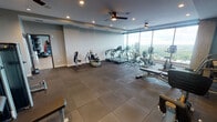 Located in Evanston, Illinois, this high-rise fitness center offers a comprehensive and well-appointed workout facility designed to serve a wide range of exercise needs. The space is divided into two primary areas: a cardio and strength training room and a dedicated movement and flexibility studio.

The main gym area features durable dark rubber tile flooring and is equipped with an extensive selection of machines, including treadmills, ellipticals, stationary bikes, and a variety of cable and weight training stations. A ceiling fan and recessed lighting provide comfort and visibility throughout the space, while large floor-to-ceiling windows and wall mirrors amplify the sense of openness and fill the room with natural light.

The adjacent movement studio features soft carpeted flooring, warm flush-mount pendant lighting, and an impressive array of functional fitness equipment, including TRX suspension trainers, BOSU balls, resistance bands, medicine balls, and stability balls. Floor-to-ceiling windows on multiple walls bathe the studio in natural light and frame breathtaking elevated views of the Evanston treetops and skyline. Sliding glass doors connect the studio directly to an outdoor terrace, extending the workout experience outside.

Throughout both areas, the panoramic views are a defining feature, creating an inspiring and energizing atmosphere for every workout.
